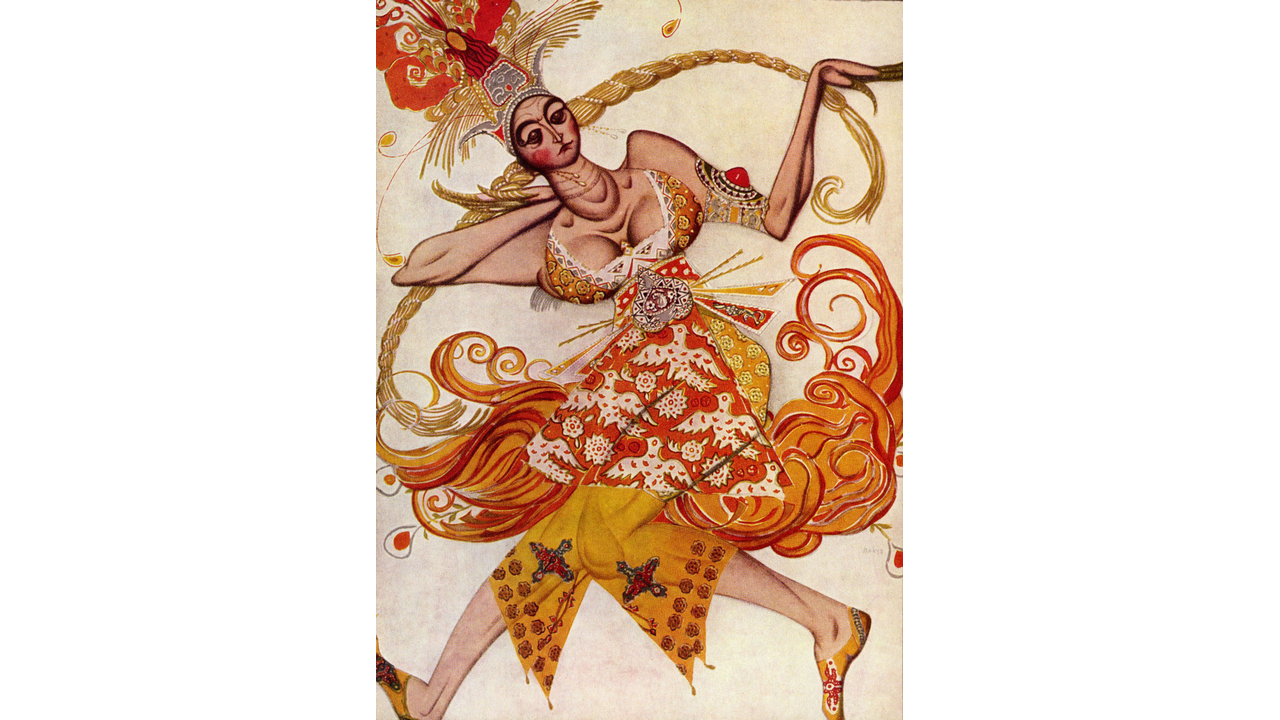 Leon Bakst, uno dei bozzetti per abiti di scena per L'uccello di fuoco (1910), Parigi, collezione de Bearn